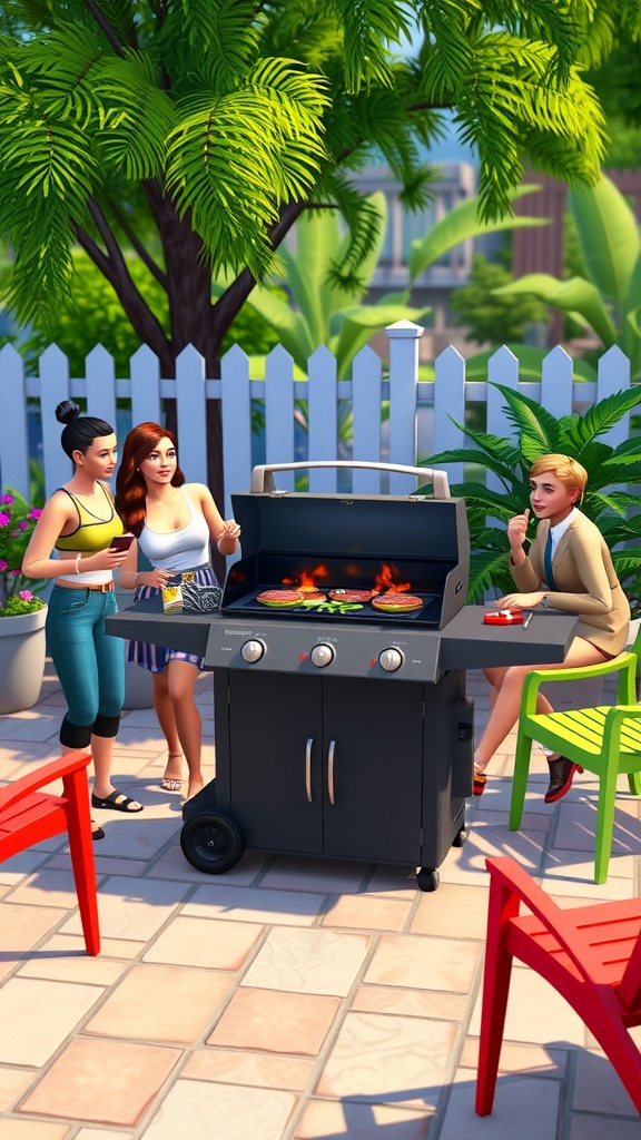 A vibrant outdoor grilling scene in The Sims 4 with Sims cooking on a stylish grill.